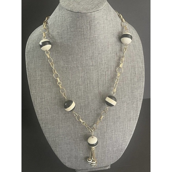 MCM Jewelry - MCM VINTAGE ART DECO BLACK WHITE STRIPED BEAD RETRO TASSEL NECKLACE 36”